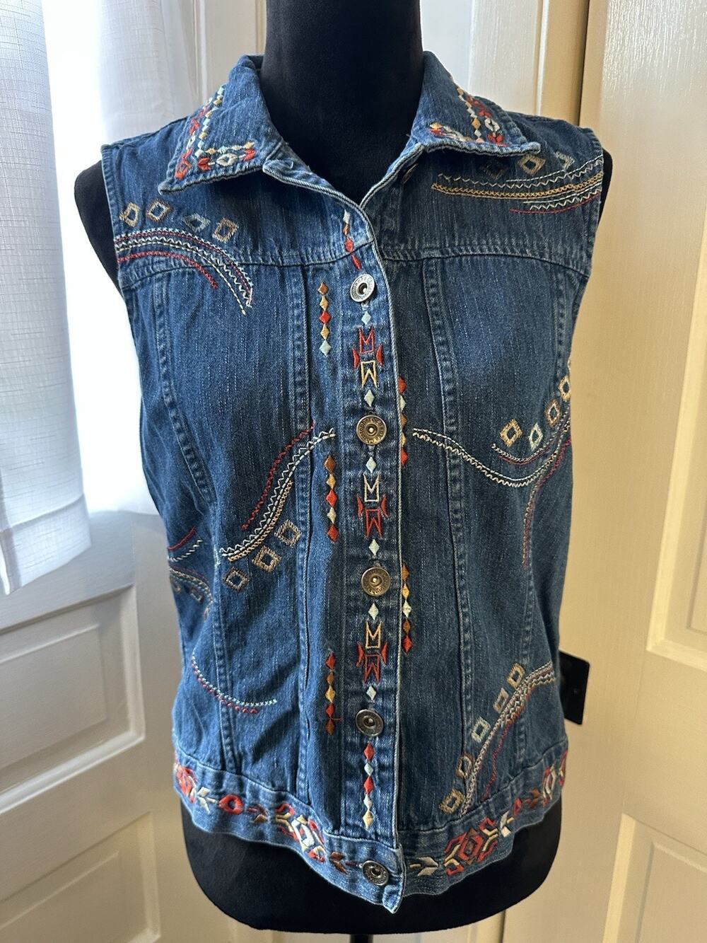 Vintage Embroidered Aztec Jean Vest Women's Medium Christopher & Banks Western